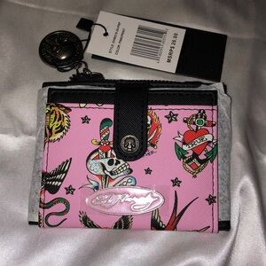 Ed Hardy Pink & Black Faux Leather Card Wallet Multi Colored Tattoo Print NWT